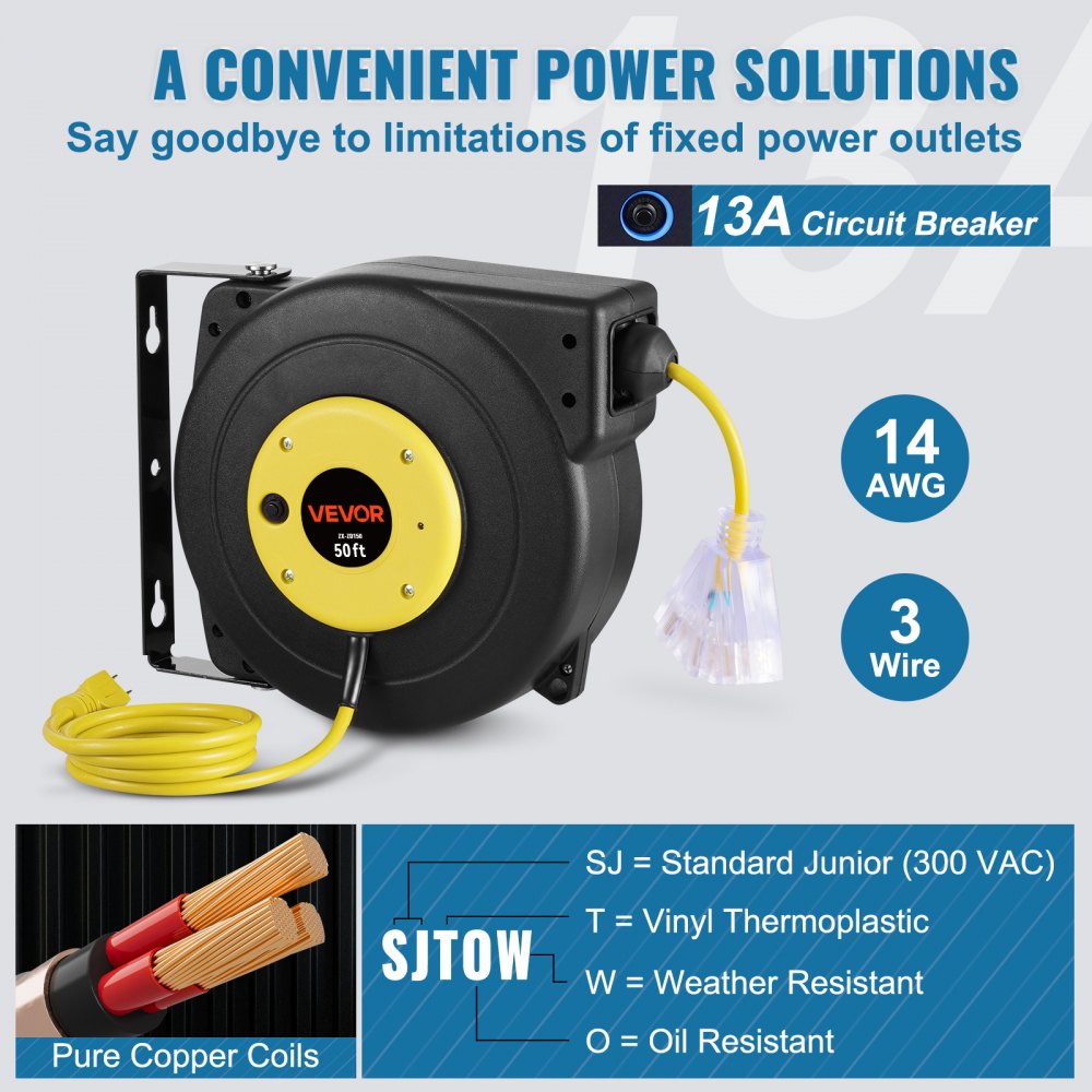 Carrete de cable de extensión retráctil VEVOR, 15 m, resistente, 14 AWG/3C SJTOW, con toma de corriente triple iluminada, disyuntor de 13 A, soporte giratorio de 180° para montaje en techo o pared.