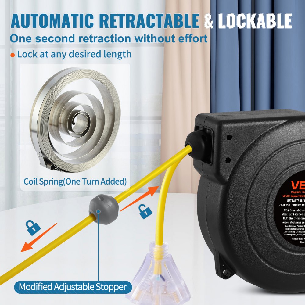 Carrete de cable de extensión retráctil VEVOR, 15 m, resistente, 14 AWG/3C SJTOW, con toma de corriente triple iluminada, disyuntor de 13 A, soporte giratorio de 180° para montaje en techo o pared.