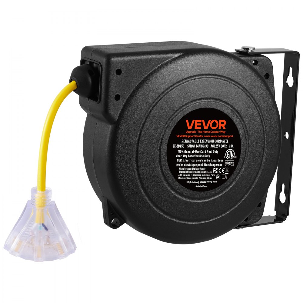Carrete de cable de extensión retráctil VEVOR, 15 m, resistente, 14 AWG/3C SJTOW, con toma de corriente triple iluminada, disyuntor de 13 A, soporte giratorio de 180° para montaje en techo o pared.