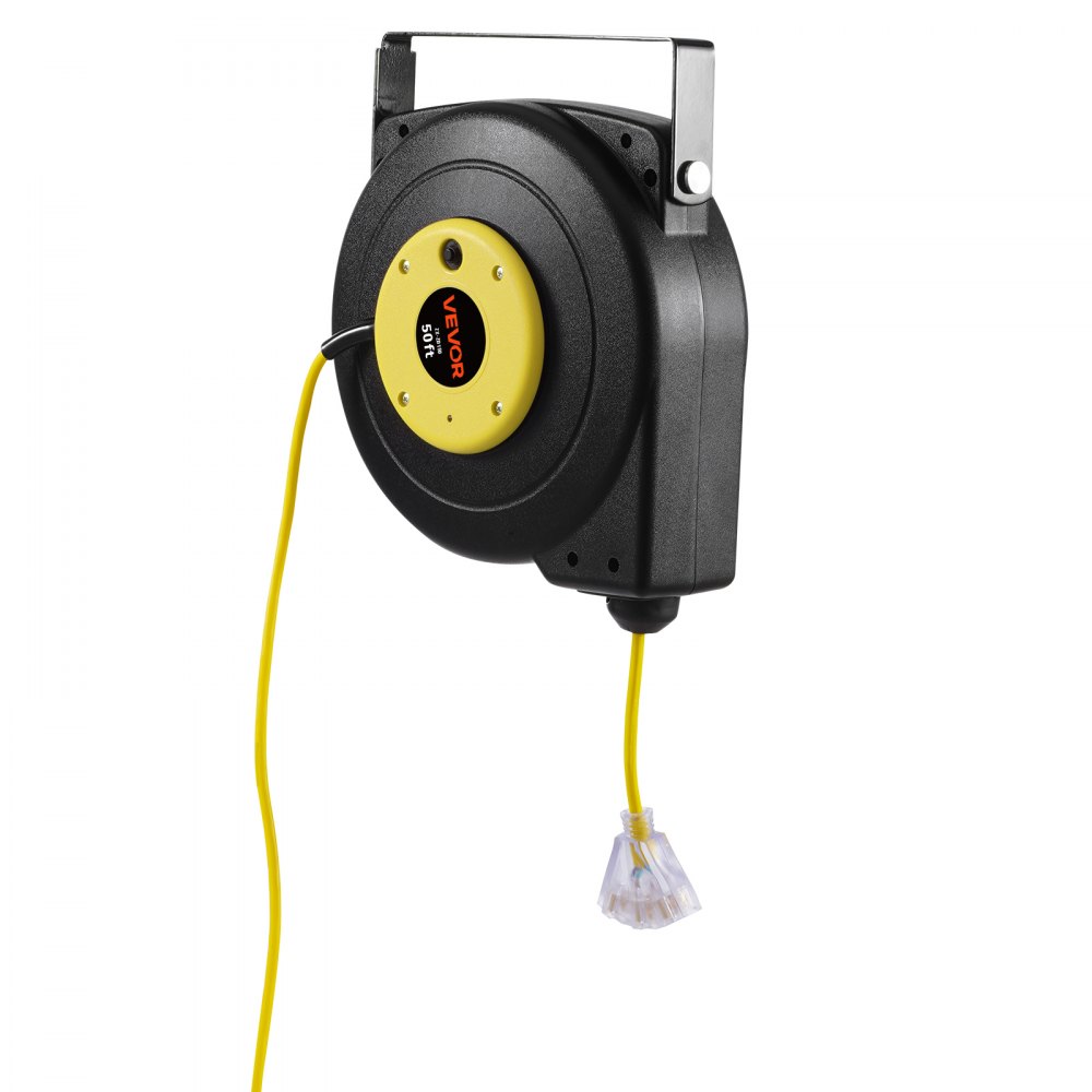 Carrete de cable de extensión retráctil VEVOR, 15 m, resistente, 14 AWG/3C SJTOW, con toma de corriente triple iluminada, disyuntor de 13 A, soporte giratorio de 180° para montaje en techo o pared.