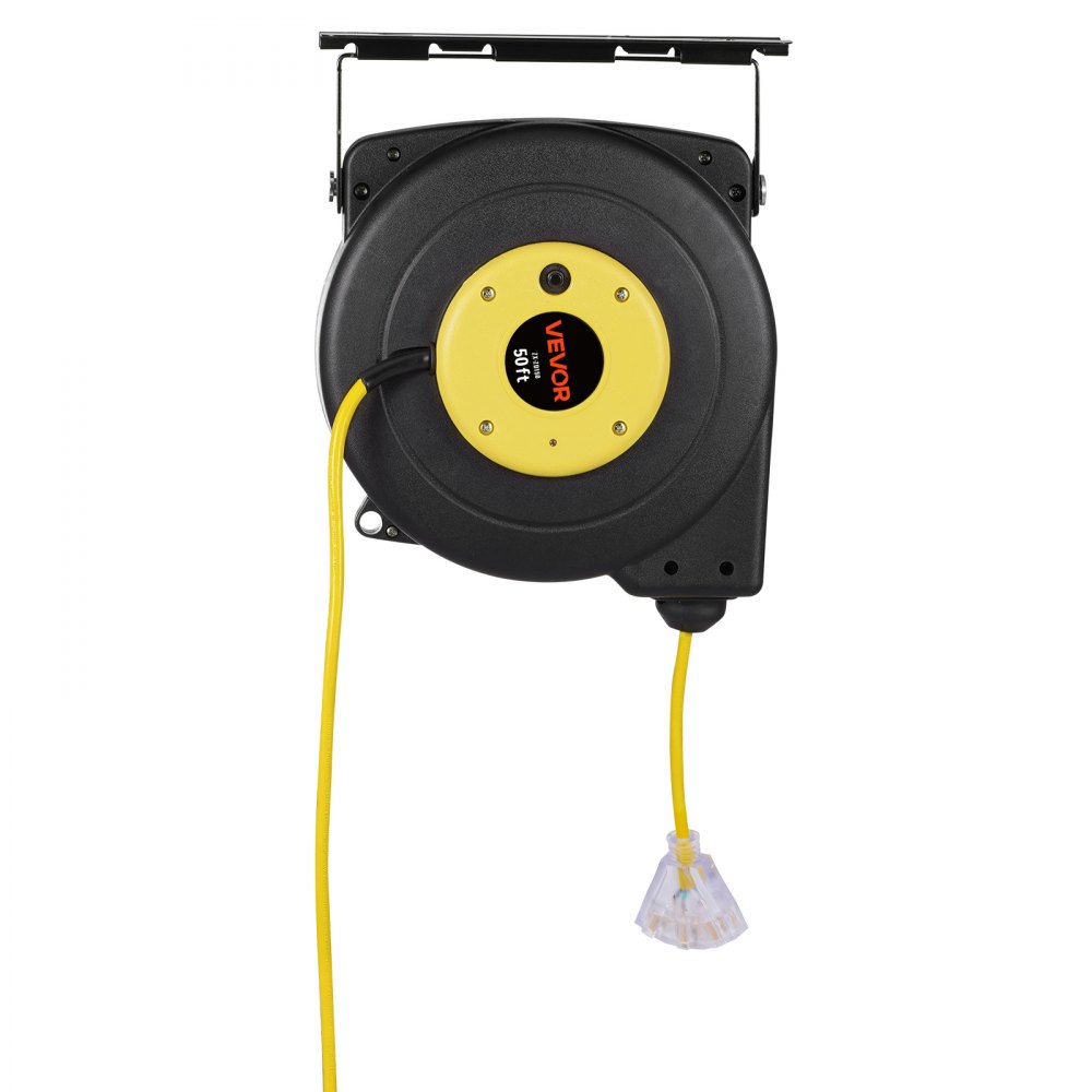 Carrete de cable de extensión retráctil VEVOR, 15 m, resistente, 14 AWG/3C SJTOW, con toma de corriente triple iluminada, disyuntor de 13 A, soporte giratorio de 180° para montaje en techo o pared.