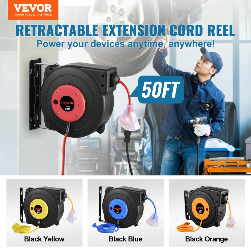 Carrete de cable de extensión retráctil VEVOR, 15 m, resistente, 14 AWG/3C SJTOW, con toma de corriente triple iluminada, disyuntor de 13 A, soporte giratorio de 180° para montaje en techo o pared.