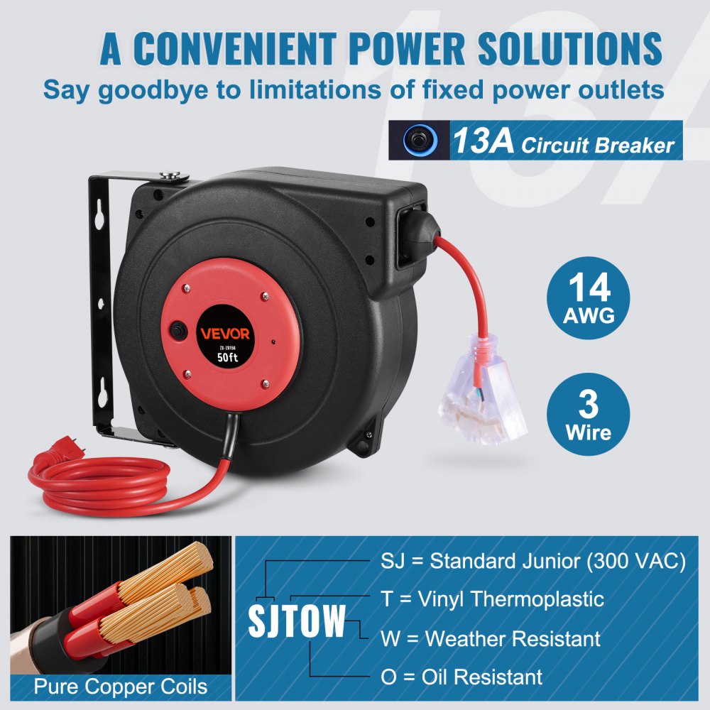 Carrete de cable de extensión retráctil VEVOR, 15 m, resistente, 14 AWG/3C SJTOW, con toma de corriente triple iluminada, disyuntor de 13 A, soporte giratorio de 180° para montaje en techo o pared.