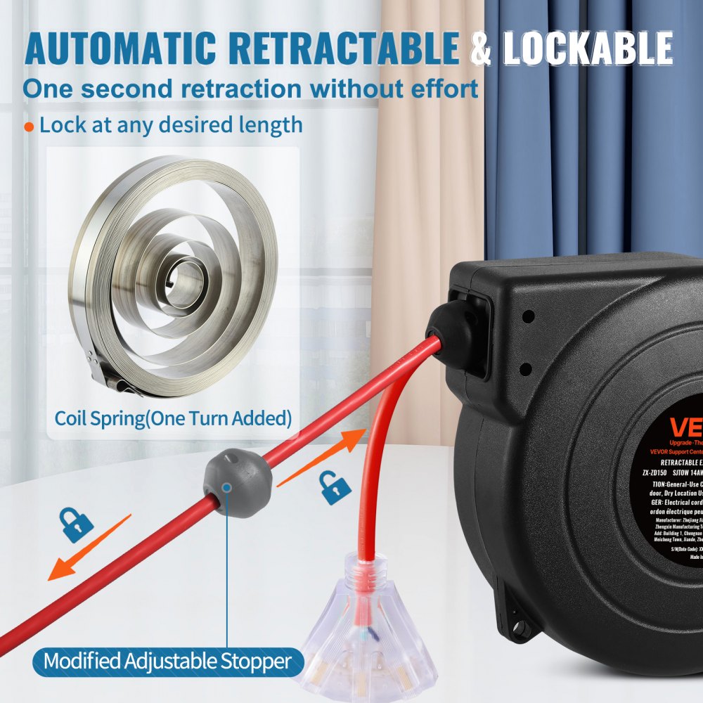Carrete de cable de extensión retráctil VEVOR, 15 m, resistente, 14 AWG/3C SJTOW, con toma de corriente triple iluminada, disyuntor de 13 A, soporte giratorio de 180° para montaje en techo o pared.