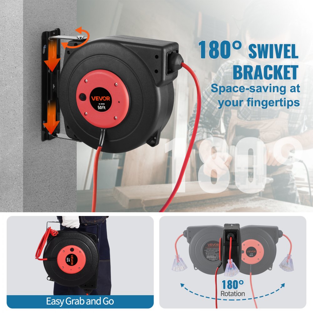Carrete de cable de extensión retráctil VEVOR, 15 m, resistente, 14 AWG/3C SJTOW, con toma de corriente triple iluminada, disyuntor de 13 A, soporte giratorio de 180° para montaje en techo o pared.