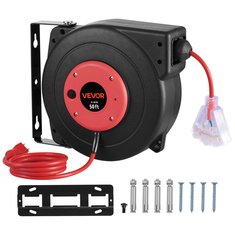 Carrete de cable de extensión retráctil VEVOR, 15 m, resistente, 14 AWG/3C SJTOW, con toma de corriente triple iluminada, disyuntor de 13 A, soporte giratorio de 180° para montaje en techo o pared.