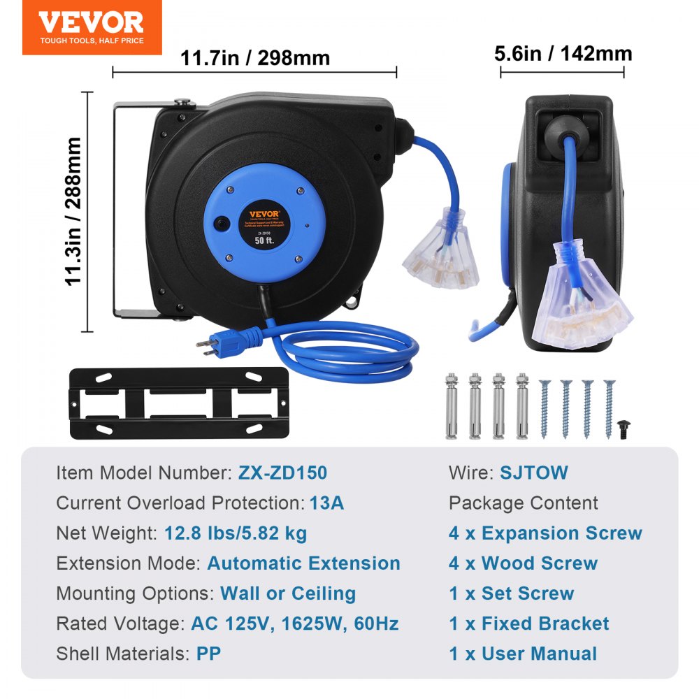 VEVOR Carrete de Cable de Extensión Retráctil, 50 Pies, Resistente, 14 AWG/3C SJTOW, Cable de Alimentación con Toma Triple Iluminada, Disyuntor de 13 A, Soporte Giratorio de 180° en Techo o Pared Azul