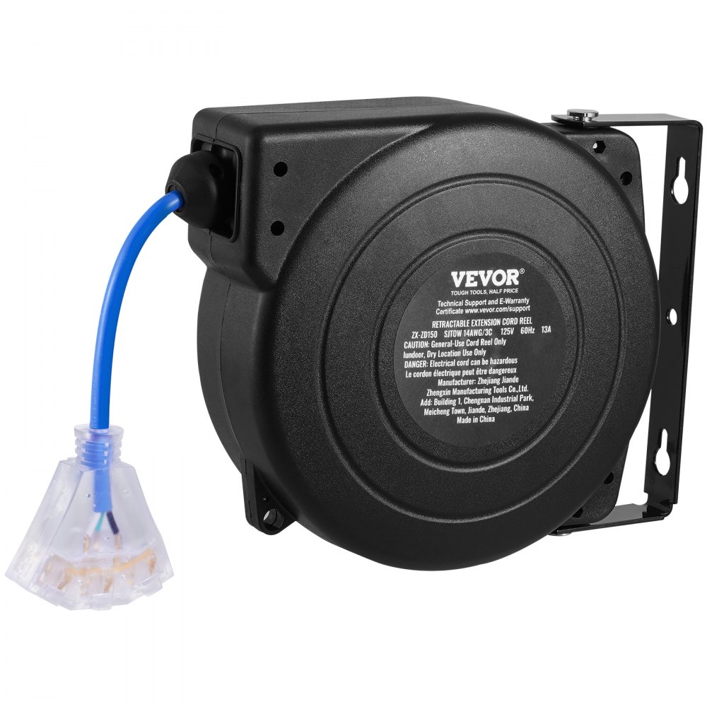 VEVOR Carrete de Cable de Extensión Retráctil, 50 Pies, Resistente, 14 AWG/3C SJTOW, Cable de Alimentación con Toma Triple Iluminada, Disyuntor de 13 A, Soporte Giratorio de 180° en Techo o Pared Azul