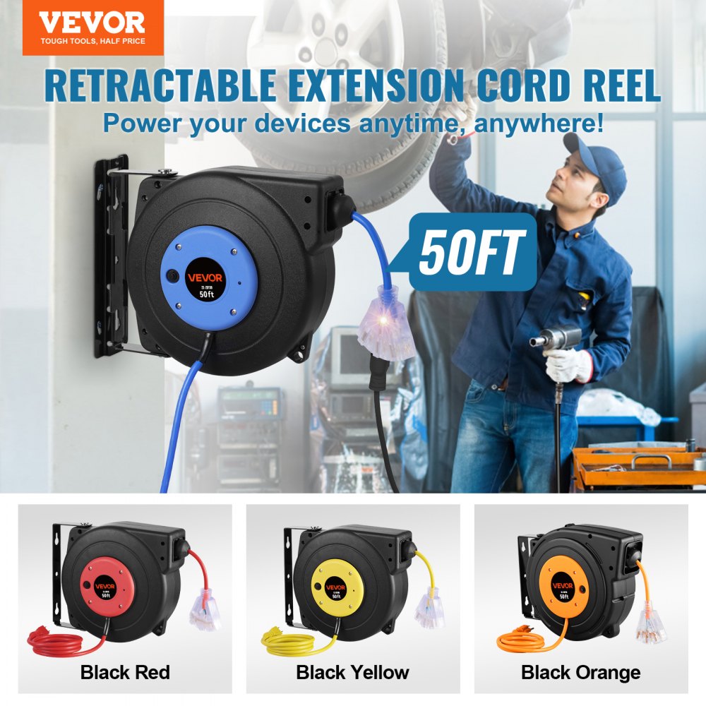 VEVOR Carrete de Cable de Extensión Retráctil, 50 Pies, Resistente, 14 AWG/3C SJTOW, Cable de Alimentación con Toma Triple Iluminada, Disyuntor de 13 A, Soporte Giratorio de 180° en Techo o Pared Azul