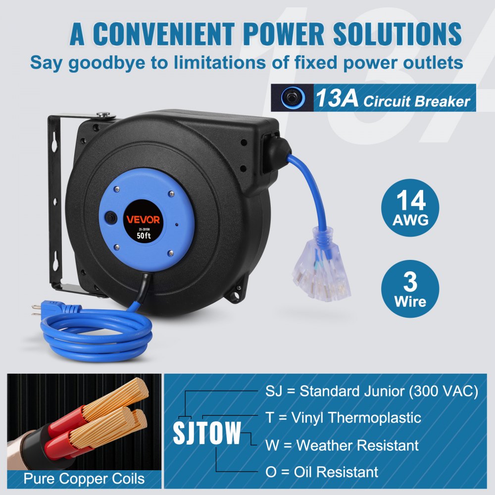 VEVOR Carrete de Cable de Extensión Retráctil, 50 Pies, Resistente, 14 AWG/3C SJTOW, Cable de Alimentación con Toma Triple Iluminada, Disyuntor de 13 A, Soporte Giratorio de 180° en Techo o Pared Azul