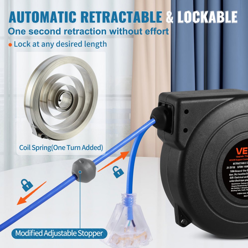 VEVOR Carrete de Cable de Extensión Retráctil, 50 Pies, Resistente, 14 AWG/3C SJTOW, Cable de Alimentación con Toma Triple Iluminada, Disyuntor de 13 A, Soporte Giratorio de 180° en Techo o Pared Azul