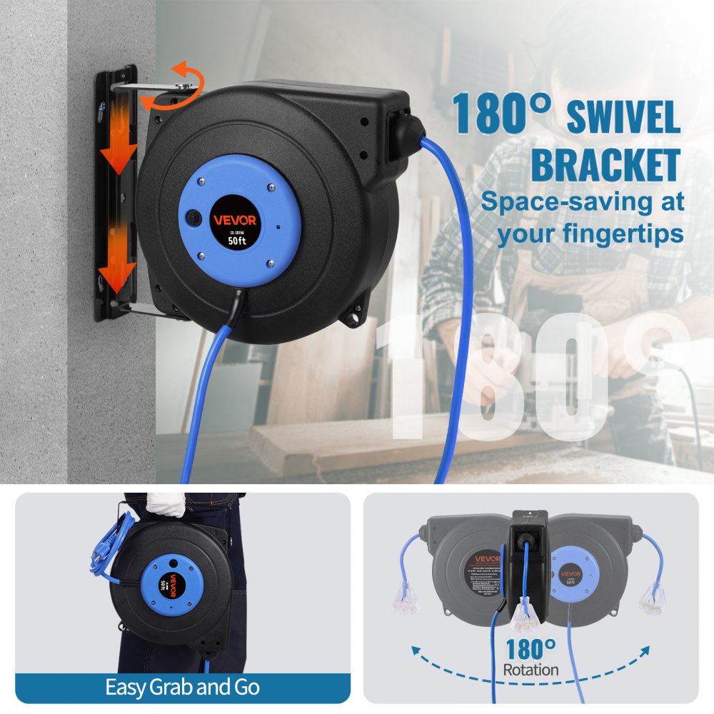 VEVOR Carrete de Cable de Extensión Retráctil, 50 Pies, Resistente, 14 AWG/3C SJTOW, Cable de Alimentación con Toma Triple Iluminada, Disyuntor de 13 A, Soporte Giratorio de 180° en Techo o Pared Azul