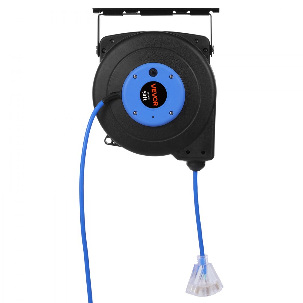 VEVOR Carrete de Cable de Extensión Retráctil, 50 Pies, Resistente, 14 AWG/3C SJTOW, Cable de Alimentación con Toma Triple Iluminada, Disyuntor de 13 A, Soporte Giratorio de 180° en Techo o Pared Azul