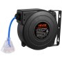 VEVOR Carrete de Cable de Extensión Retráctil, 50 Pies, Resistente, 14 AWG/3C SJTOW, Cable de Alimentación con Toma Triple Iluminada, Disyuntor de 13 A, Soporte Giratorio de 180° en Techo o Pared Azul