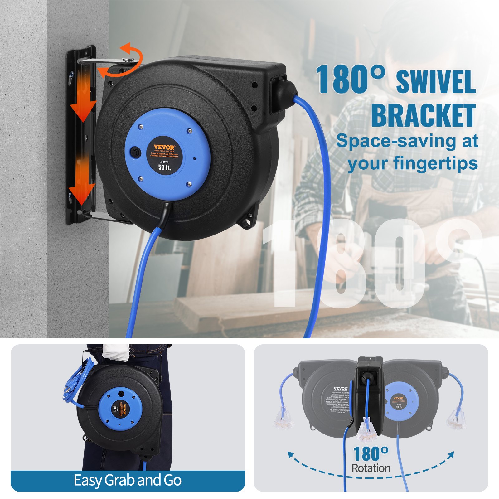 VEVOR Carrete de Cable de Extensión Retráctil, 50 Pies, Resistente, 14 AWG/3C SJTOW, Cable de Alimentación con Toma Triple Iluminada, Disyuntor de 13 A, Soporte Giratorio de 180° en Techo o Pared Azul