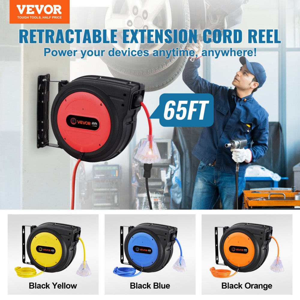 Carrete de cable de extensión retráctil VEVOR, 65 pies, resistente, 12 AWG/3C SJTOW, cable de alimentación retráctil con toma triple iluminada, disyuntor de 15 A, soporte giratorio de 180° para montaje en techo o pared.