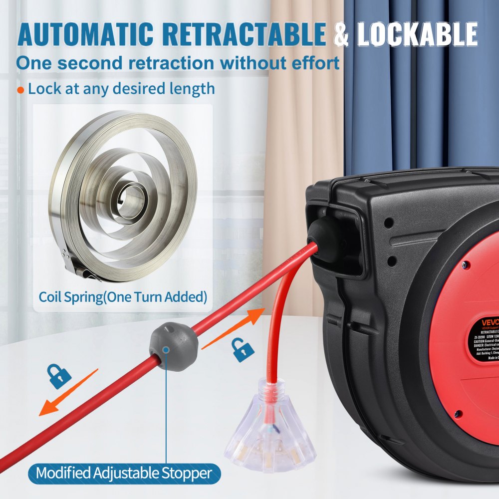 Carrete de cable de extensión retráctil VEVOR, 65 pies, resistente, 12 AWG/3C SJTOW, cable de alimentación retráctil con toma triple iluminada, disyuntor de 15 A, soporte giratorio de 180° para montaje en techo o pared.