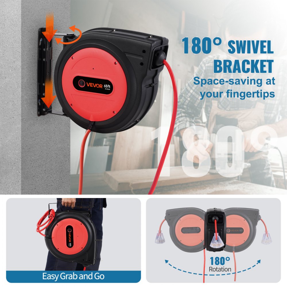 Carrete de cable de extensión retráctil VEVOR, 65 pies, resistente, 12 AWG/3C SJTOW, cable de alimentación retráctil con toma triple iluminada, disyuntor de 15 A, soporte giratorio de 180° para montaje en techo o pared.