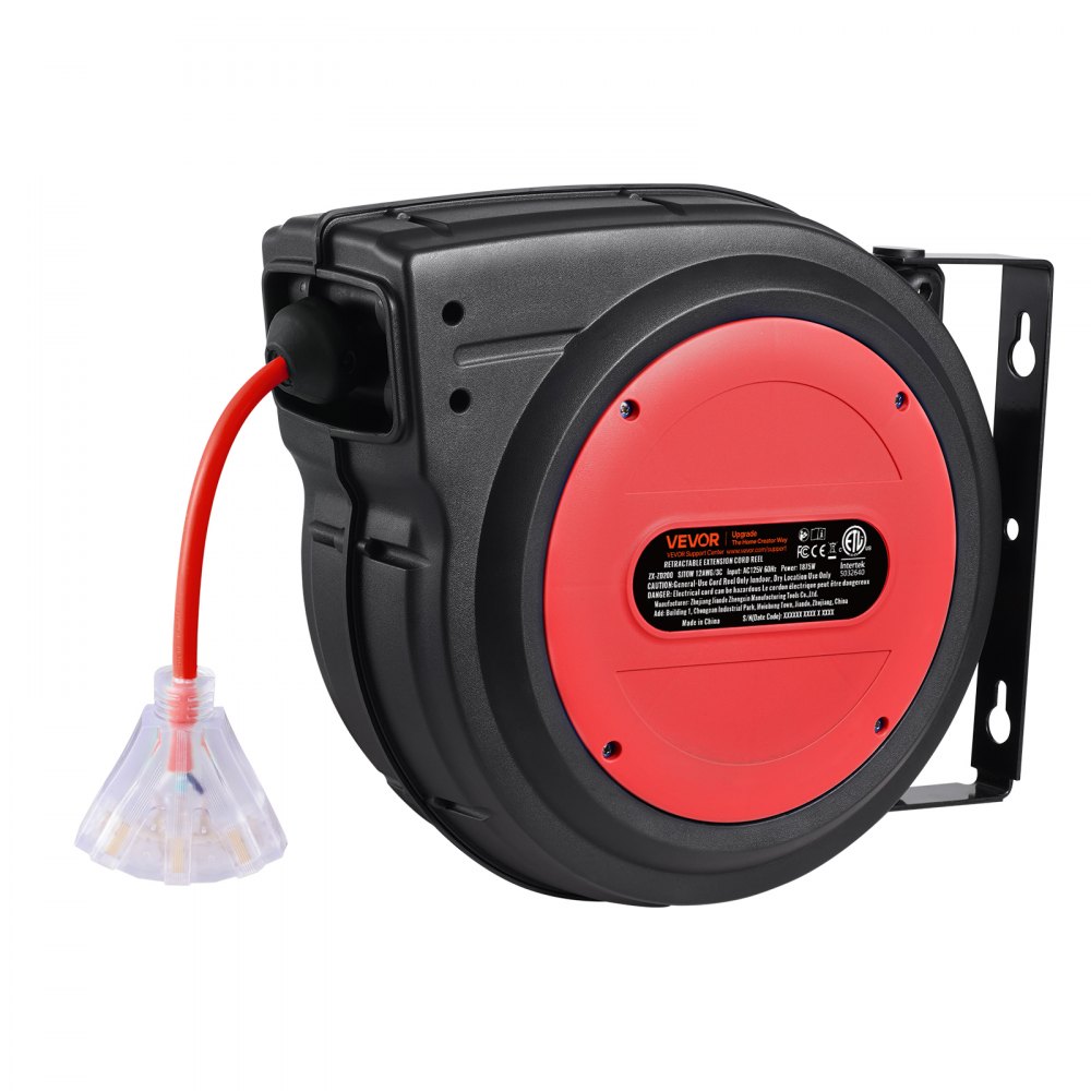Carrete de cable de extensión retráctil VEVOR, 65 pies, resistente, 12 AWG/3C SJTOW, cable de alimentación retráctil con toma triple iluminada, disyuntor de 15 A, soporte giratorio de 180° para montaje en techo o pared.