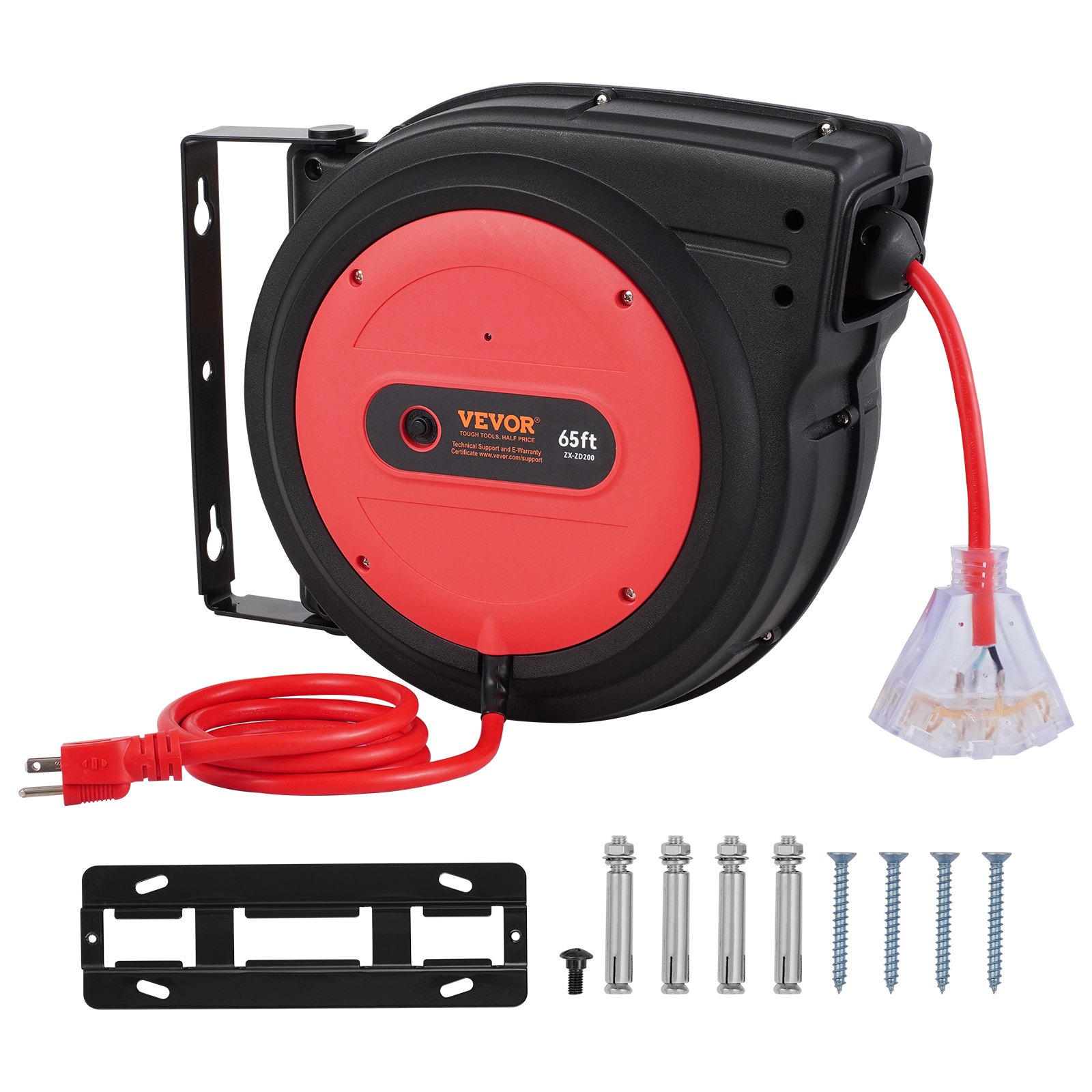 Carrete de cable de extensión retráctil VEVOR, 65 pies, resistente, 12 AWG/3C SJTOW, cable de alimentación retráctil con toma triple iluminada, disyuntor de 15 A, soporte giratorio de 180° para montaje en techo o pared.