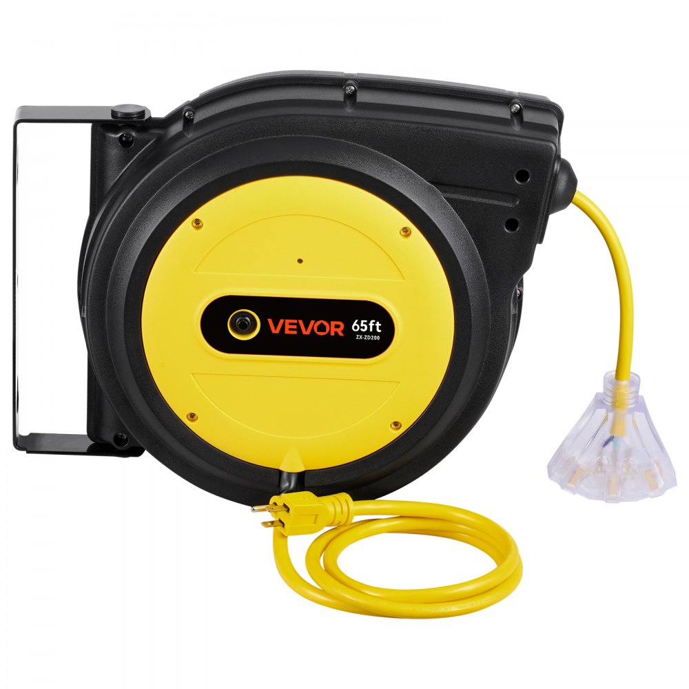 Carrete de cable de extensión retráctil VEVOR, 65 pies, resistente, 12 AWG/3C SJTOW, cable de alimentación retráctil con toma triple iluminada, disyuntor de 15 A, soporte giratorio de 180° para montaje en techo o pared.