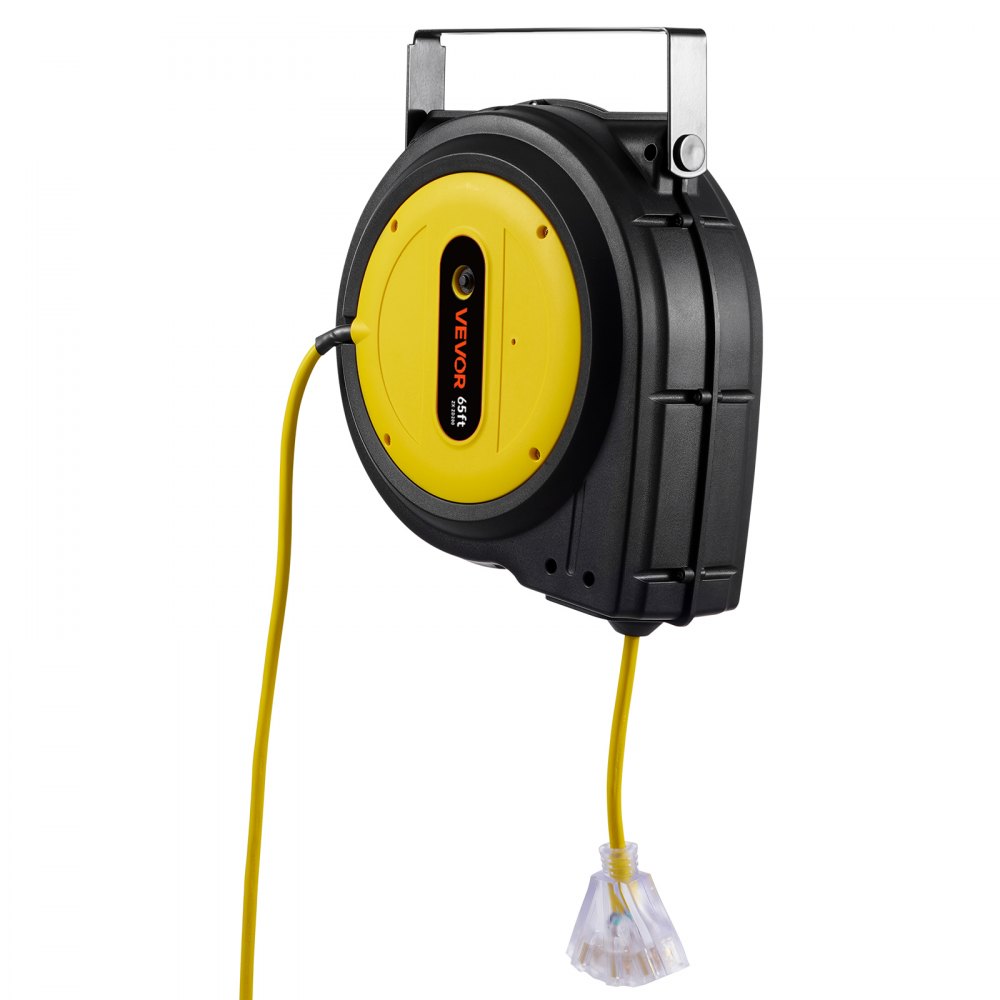 Carrete de cable de extensión retráctil VEVOR, 65 pies, resistente, 12 AWG/3C SJTOW, cable de alimentación retráctil con toma triple iluminada, disyuntor de 15 A, soporte giratorio de 180° para montaje en techo o pared.