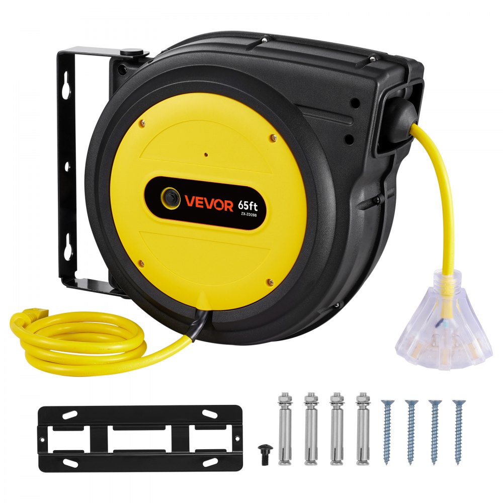Carrete de cable de extensión retráctil VEVOR, 65 pies, resistente, 12 AWG/3C SJTOW, cable de alimentación retráctil con toma triple iluminada, disyuntor de 15 A, soporte giratorio de 180° para montaje en techo o pared.