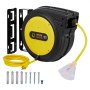 Carrete de cable de extensión retráctil VEVOR, 65 pies, resistente, 12 AWG/3C SJTOW, cable de alimentación retráctil con toma triple iluminada, disyuntor de 15 A, soporte giratorio de 180° para montaje en techo o pared.