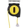 Carrete de cable de extensión retráctil VEVOR, 65 pies, resistente, 12 AWG/3C SJTOW, cable de alimentación retráctil con toma triple iluminada, disyuntor de 15 A, soporte giratorio de 180° para montaje en techo o pared.