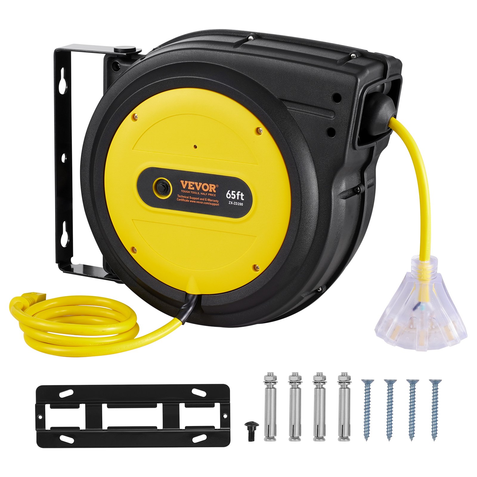Carrete de cable de extensión retráctil VEVOR, 65 pies, resistente, 12 AWG/3C SJTOW, cable de alimentación retráctil con toma triple iluminada, disyuntor de 15 A, soporte giratorio de 180° para montaje en techo o pared.