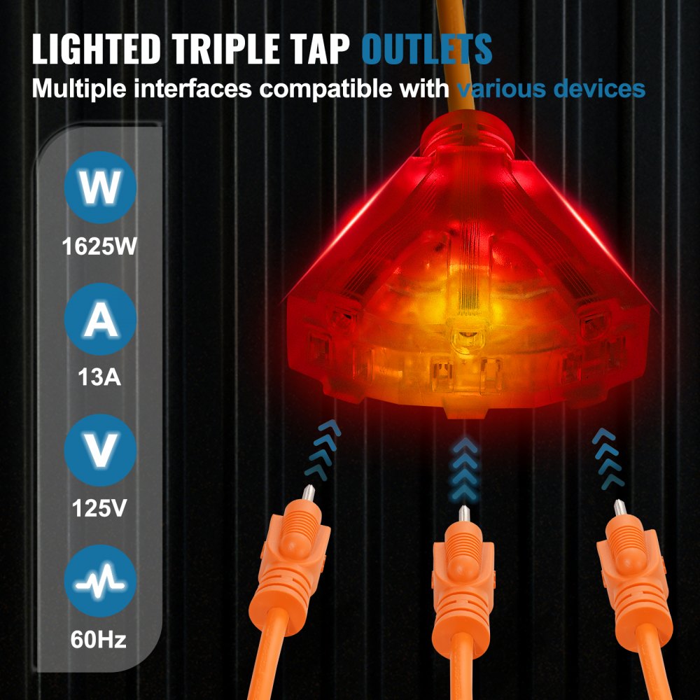 Carrete de cable de extensión retráctil VEVOR, 75 pies, resistente, 14 AWG/3C SJTOW, cable de alimentación retráctil con toma triple iluminada, disyuntor de 13 A, soporte giratorio de 180° para montaje en techo o pared.