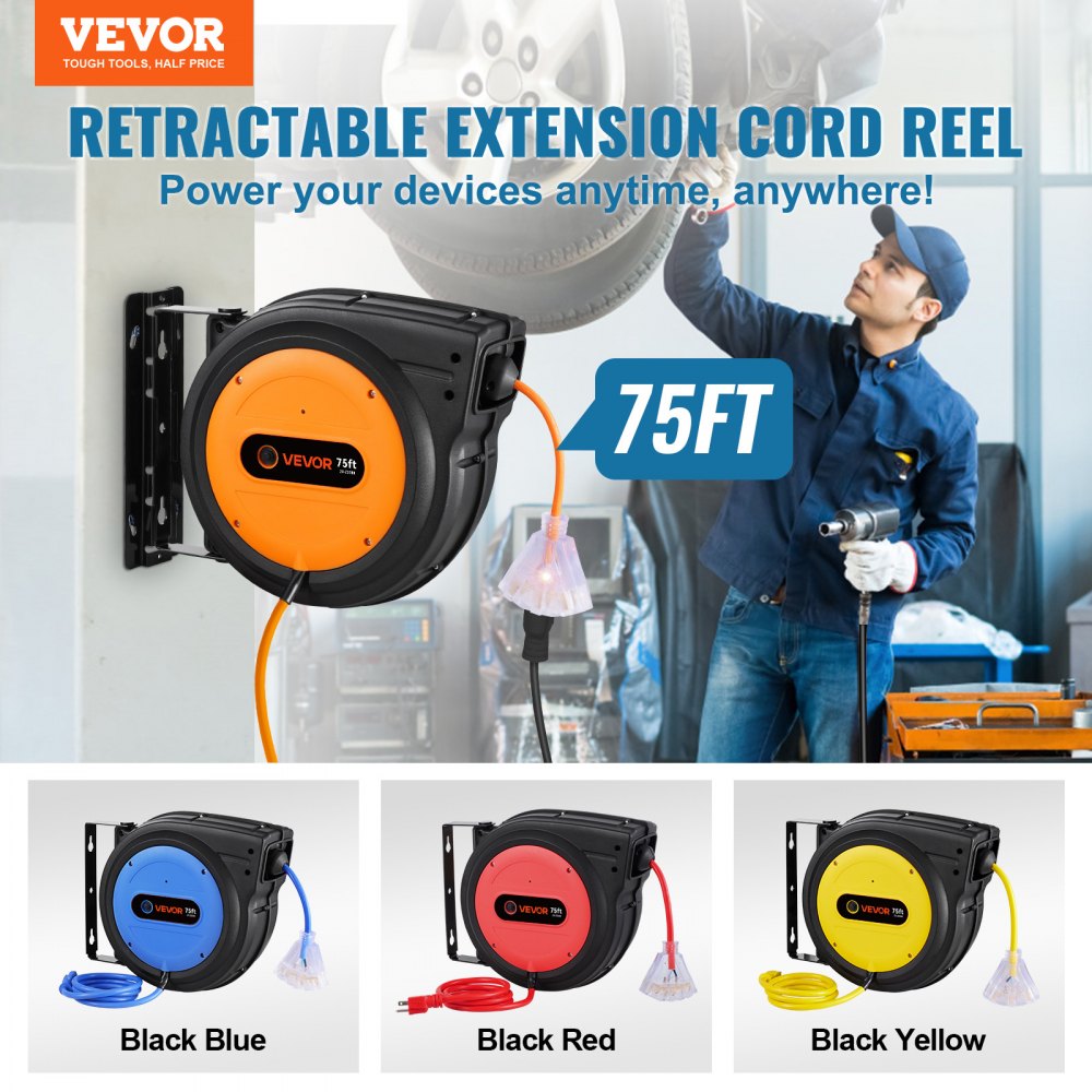 Carrete de cable de extensión retráctil VEVOR, 75 pies, resistente, 14 AWG/3C SJTOW, cable de alimentación retráctil con toma triple iluminada, disyuntor de 13 A, soporte giratorio de 180° para montaje en techo o pared.
