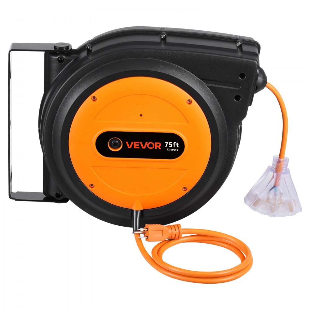 Carrete de cable de extensión retráctil VEVOR, 75 pies, resistente, 14 AWG/3C SJTOW, cable de alimentación retráctil con toma triple iluminada, disyuntor de 13 A, soporte giratorio de 180° para montaje en techo o pared.