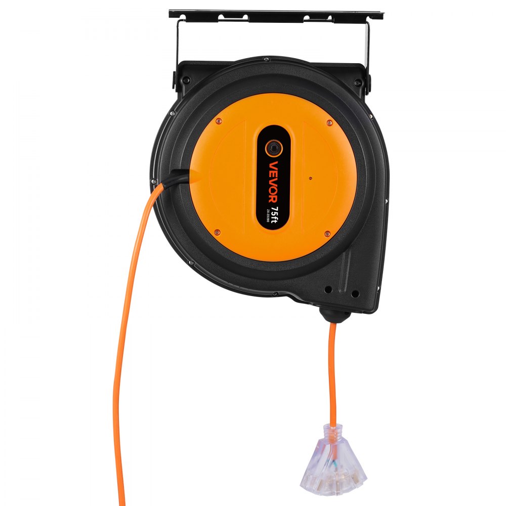Carrete de cable de extensión retráctil VEVOR, 75 pies, resistente, 14 AWG/3C SJTOW, cable de alimentación retráctil con toma triple iluminada, disyuntor de 13 A, soporte giratorio de 180° para montaje en techo o pared.