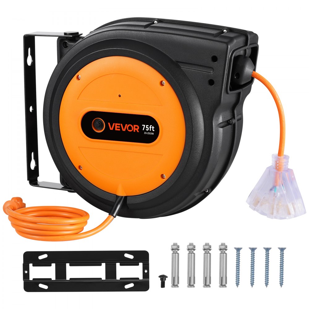 Carrete de cable de extensión retráctil VEVOR, 75 pies, resistente, 14 AWG/3C SJTOW, cable de alimentación retráctil con toma triple iluminada, disyuntor de 13 A, soporte giratorio de 180° para montaje en techo o pared.