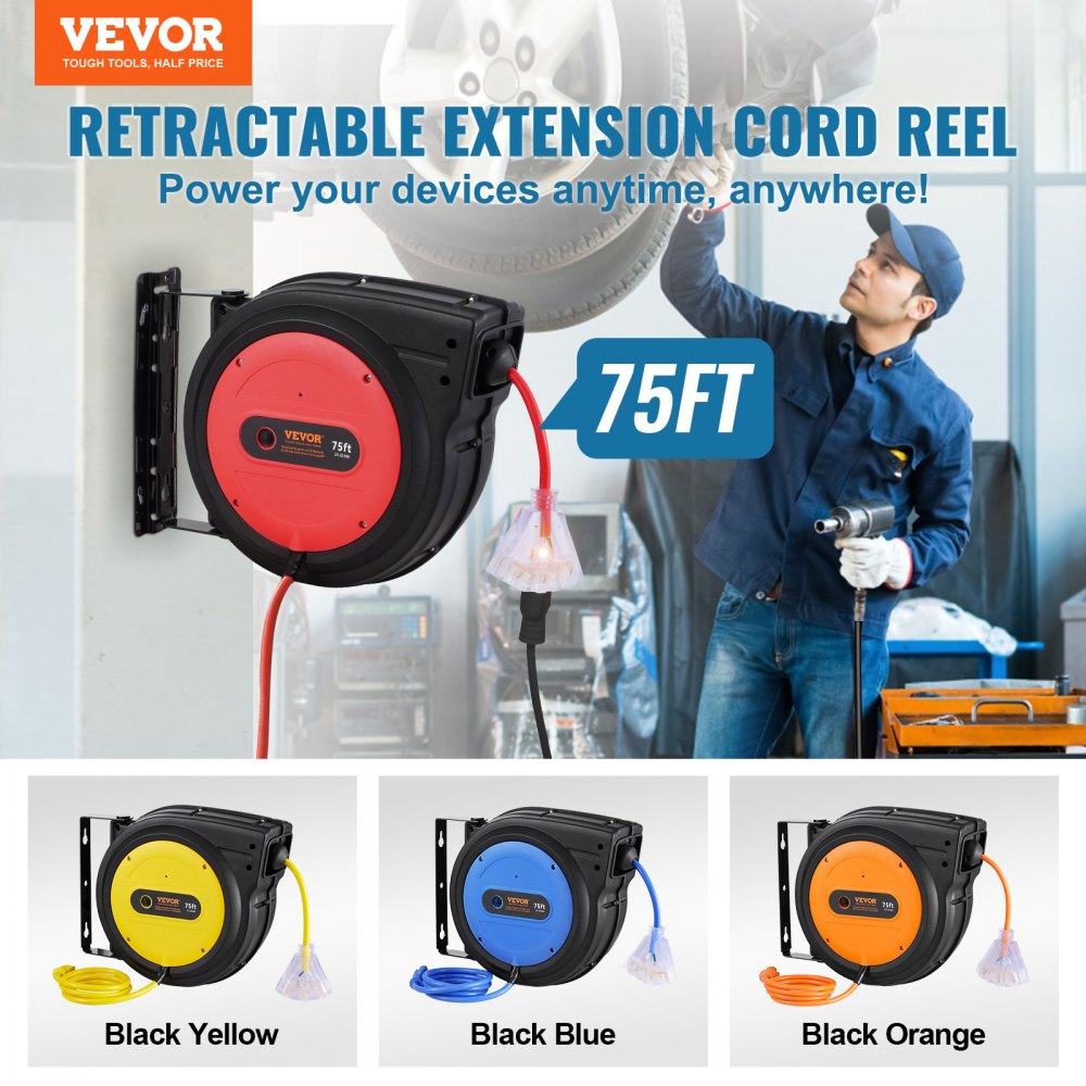 VEVOR Carrete de Cable de Extensión Retráctil, 75 Pies, Resistente, 14 AWG/3C SJTOW, Cable de Alimentación con Toma Triple Iluminada, Disyuntor 13 A, Soporte Giratorio de 180° en Techo o Pared, Rojo