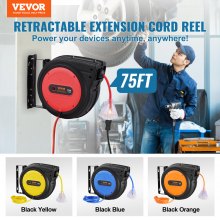 VEVOR - Carrete de cable de extensión retráctil, 75 pies, 14 AWG/3C, SJTOW