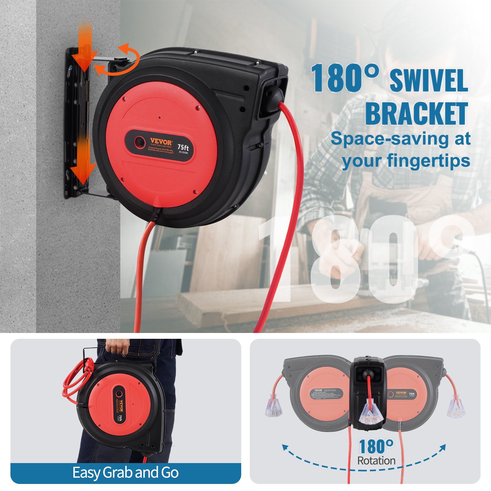 VEVOR Carrete de Cable de Extensión Retráctil, 75 Pies, Resistente, 14 AWG/3C SJTOW, Cable de Alimentación con Toma Triple Iluminada, Disyuntor 13 A, Soporte Giratorio de 180° en Techo o Pared, Rojo