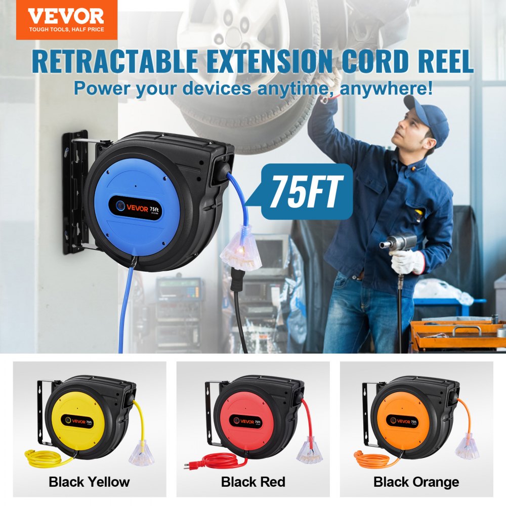 VEVOR Carrete de Cable de Extensión Retráctil, 75 Pies, Resistente, con Toma Triple Iluminada, Disyuntor de 13 A, Soporte Giratorio de 180° para Montaje en Techo o Pared, CA 125 V 1625 W 60 Hz
