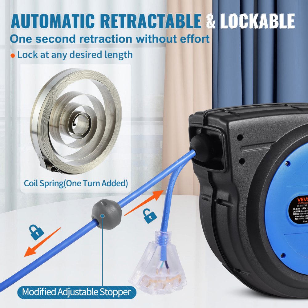 VEVOR Carrete de Cable de Extensión Retráctil, 75 Pies, Resistente, con Toma Triple Iluminada, Disyuntor de 13 A, Soporte Giratorio de 180° para Montaje en Techo o Pared, CA 125 V 1625 W 60 Hz