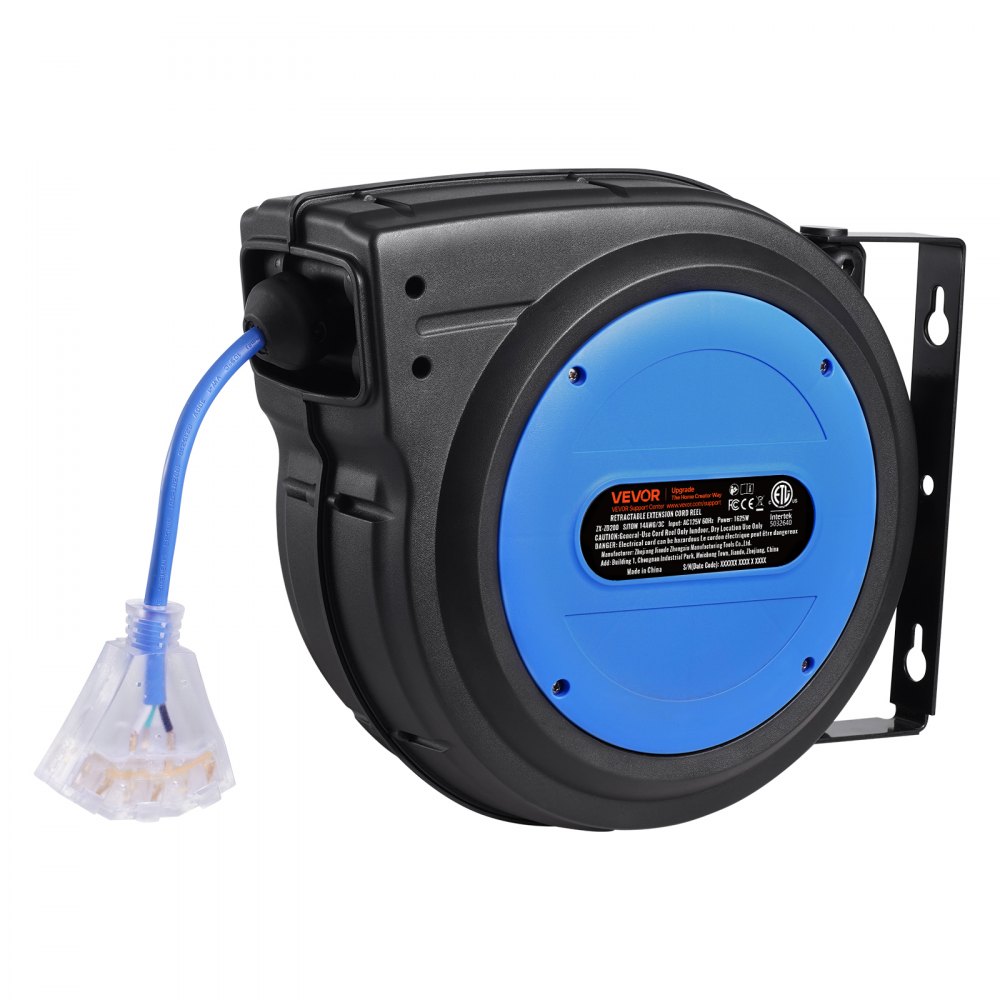 VEVOR Carrete de Cable de Extensión Retráctil, 75 Pies, Resistente, con Toma Triple Iluminada, Disyuntor de 13 A, Soporte Giratorio de 180° para Montaje en Techo o Pared, CA 125 V 1625 W 60 Hz