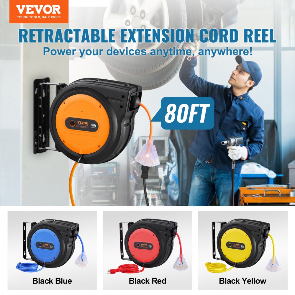 VEVOR Carrete de Cable de Extensión Retráctil, 80 Pies, 12 AWG/3C SJTOW, Cable de Alimentación con Toma Triple Iluminada, Disyuntor de 15 A, Soporte Giratorio de 180° en Techo o Pared, Naranja