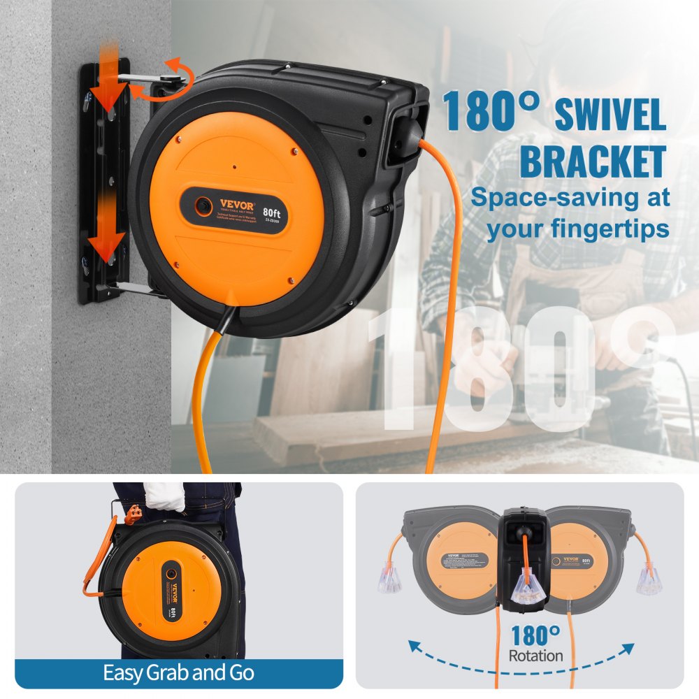 VEVOR Carrete de Cable de Extensión Retráctil, 80 Pies, 12 AWG/3C SJTOW, Cable de Alimentación con Toma Triple Iluminada, Disyuntor de 15 A, Soporte Giratorio de 180° en Techo o Pared, Naranja