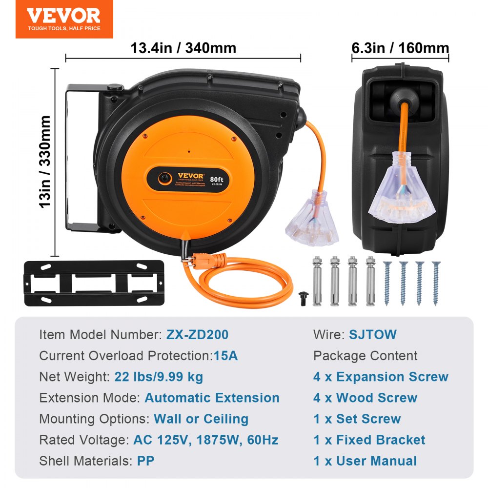 VEVOR Carrete de Cable de Extensión Retráctil, 80 Pies, 12 AWG/3C SJTOW, Cable de Alimentación con Toma Triple Iluminada, Disyuntor de 15 A, Soporte Giratorio de 180° en Techo o Pared, Naranja