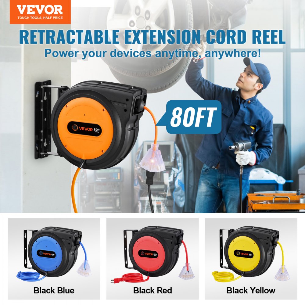 VEVOR Carrete de Cable de Extensión Retráctil, 80 Pies, 12 AWG/3C SJTOW, Cable de Alimentación con Toma Triple Iluminada, Disyuntor de 15 A, Soporte Giratorio de 180° en Techo o Pared, Naranja
