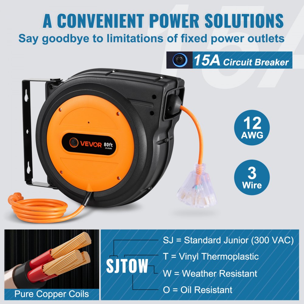 VEVOR Carrete de Cable de Extensión Retráctil, 80 Pies, 12 AWG/3C SJTOW, Cable de Alimentación con Toma Triple Iluminada, Disyuntor de 15 A, Soporte Giratorio de 180° en Techo o Pared, Naranja