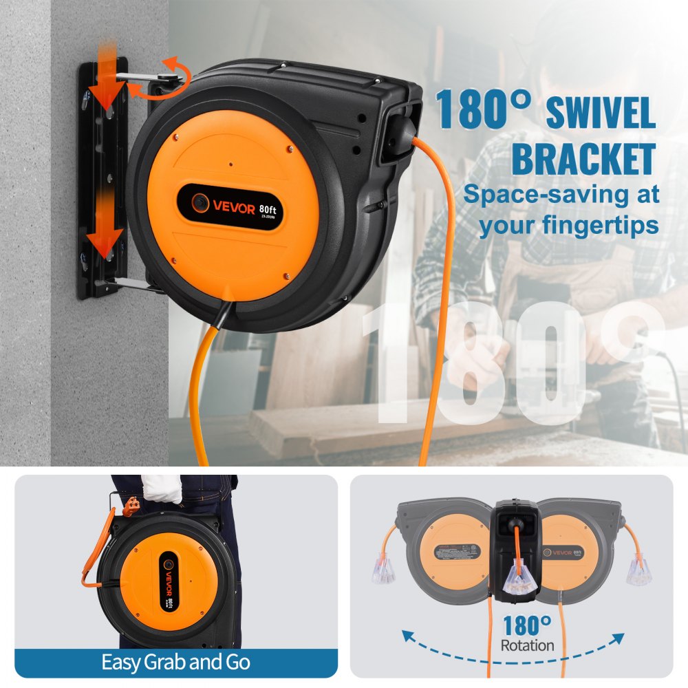 VEVOR Carrete de Cable de Extensión Retráctil, 80 Pies, 12 AWG/3C SJTOW, Cable de Alimentación con Toma Triple Iluminada, Disyuntor de 15 A, Soporte Giratorio de 180° en Techo o Pared, Naranja
