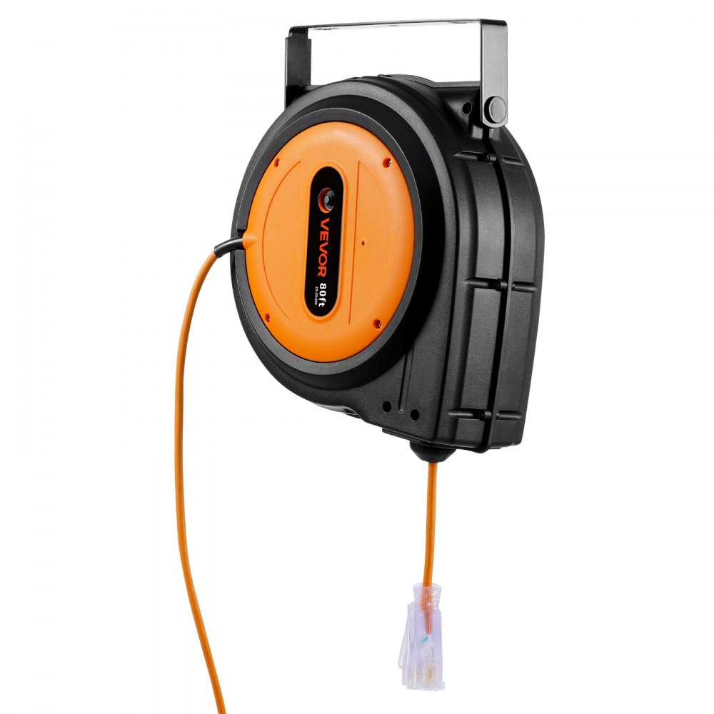 VEVOR Carrete de Cable de Extensión Retráctil, 80 Pies, 12 AWG/3C SJTOW, Cable de Alimentación con Toma Triple Iluminada, Disyuntor de 15 A, Soporte Giratorio de 180° en Techo o Pared, Naranja