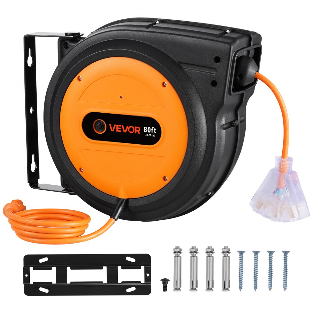 VEVOR Carrete de Cable de Extensión Retráctil, 80 Pies, 12 AWG/3C SJTOW, Cable de Alimentación con Toma Triple Iluminada, Disyuntor de 15 A, Soporte Giratorio de 180° en Techo o Pared, Naranja
