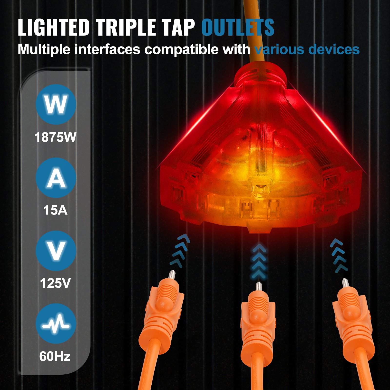 VEVOR Carrete de Cable de Extensión Retráctil, 80 Pies, 12 AWG/3C SJTOW, Cable de Alimentación con Toma Triple Iluminada, Disyuntor de 15 A, Soporte Giratorio de 180° en Techo o Pared, Naranja